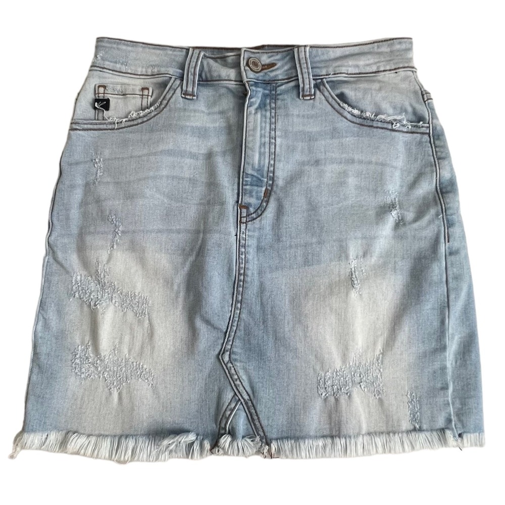 KanCan Womens Light Wash Fringe Raw Hem Distressed Denim Mini Skirt Size Small